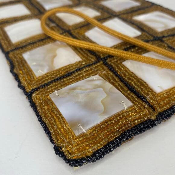 Vtg Y2K Mod By Design Mother of Pearl & Beaded Clutch Art Deco Evening Wristlet - Picture 2 of 8